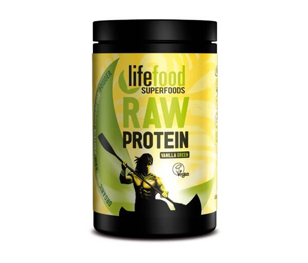 Proteiny - bílkoviny LifeFood Raw proteinová směs se superfoods, Vanilková s mladým ječmenem a macou, 450g