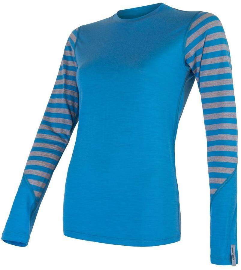 Ženska majica iz merina Sensor Merino Active dámské triko dl.rukáv modrá/šedá pruhy